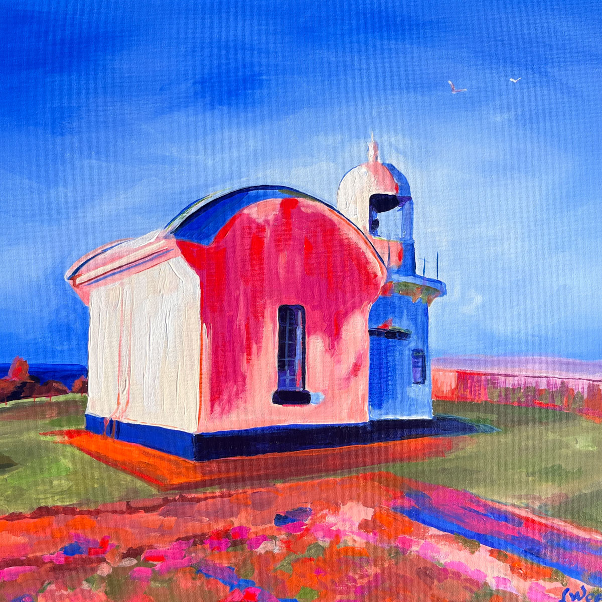 Painting of a lighthouse in magenta and blue - Linda Weedon Artist