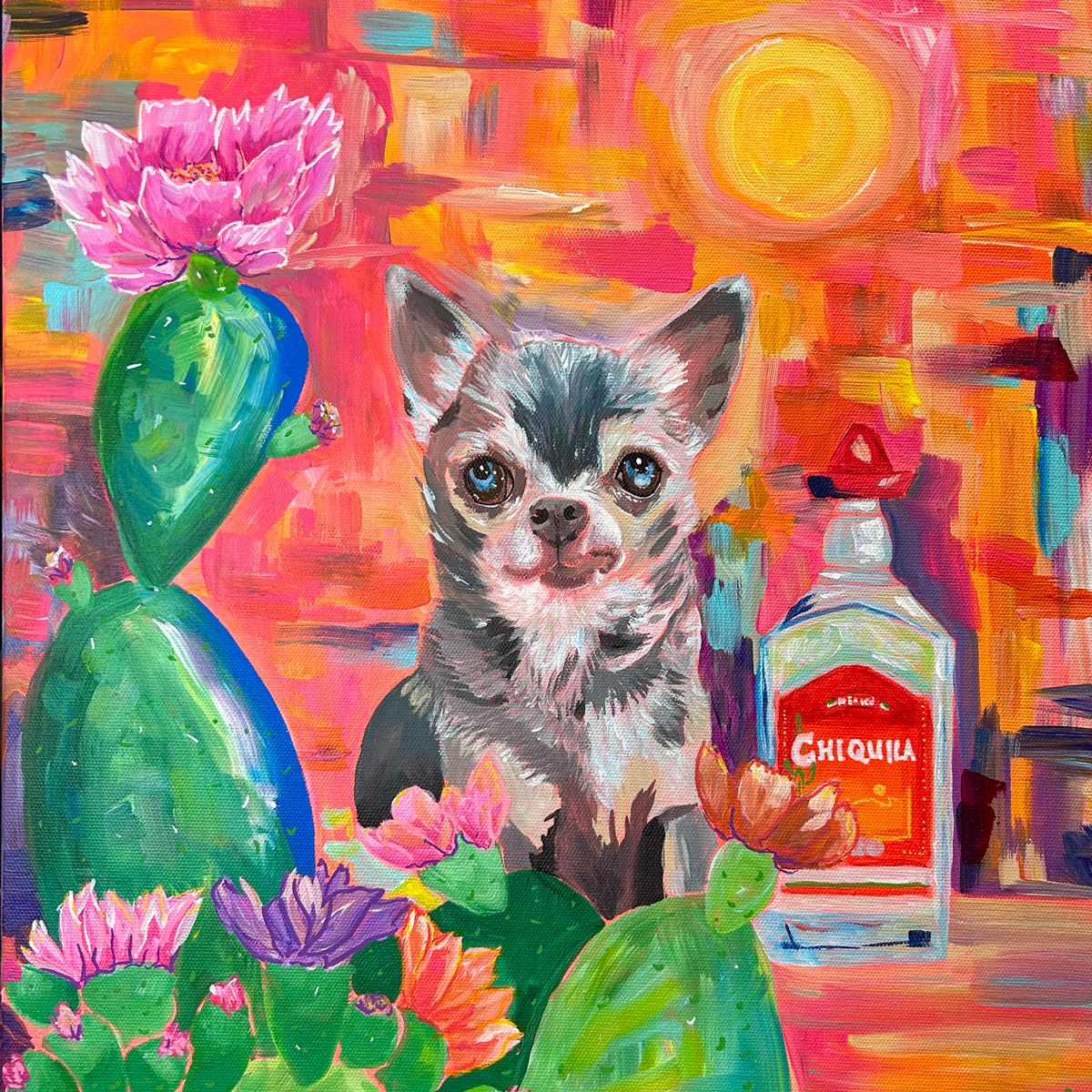 Painting of a Chihuahua with a tequila bottle and prickly pear - Michelle Taranto - Arco Iris Interiors