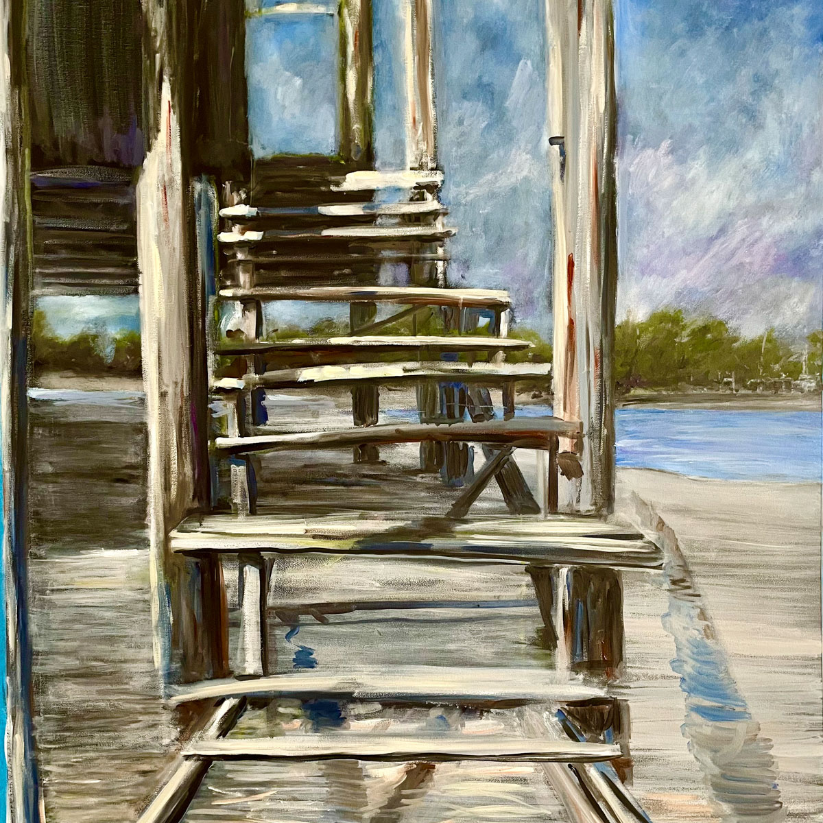A painting of timber stairs to a jetty in a tidal area - Ray Gleeson Art