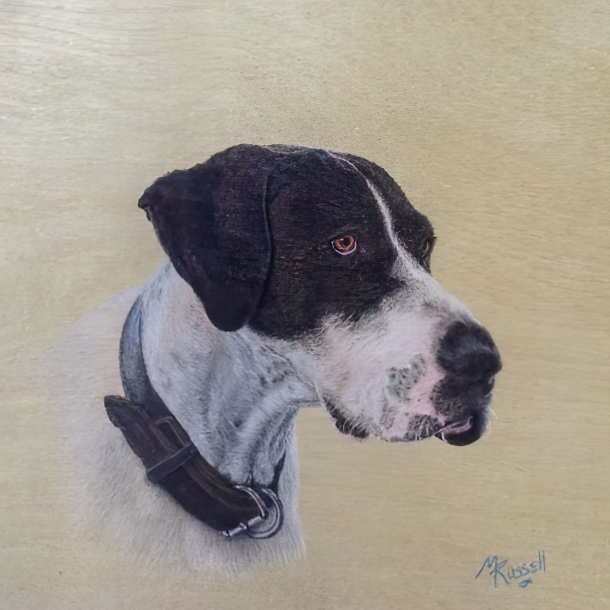 Painting of a bloodhound on timber board - RQAS - Margaret Russell Artwork