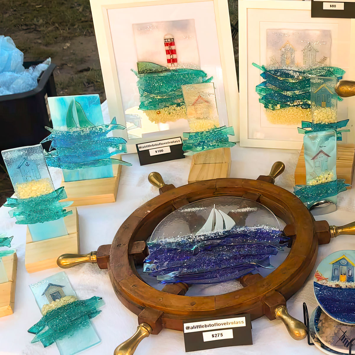 Glass artwork, boat scenes on a table - A little bit of lovely glass